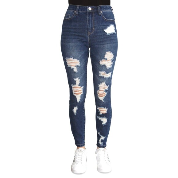 Almost Famous Juniors' High-Rise Destructed Skinny Jeans - Dark Wash, Size 0 - Picture 1 of 1